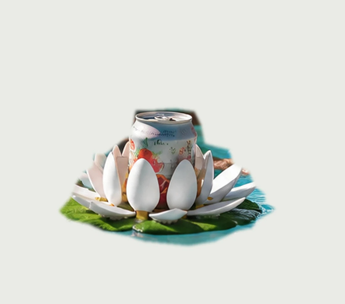 Hold My Drink floating drink holder with its white petals closed around a can