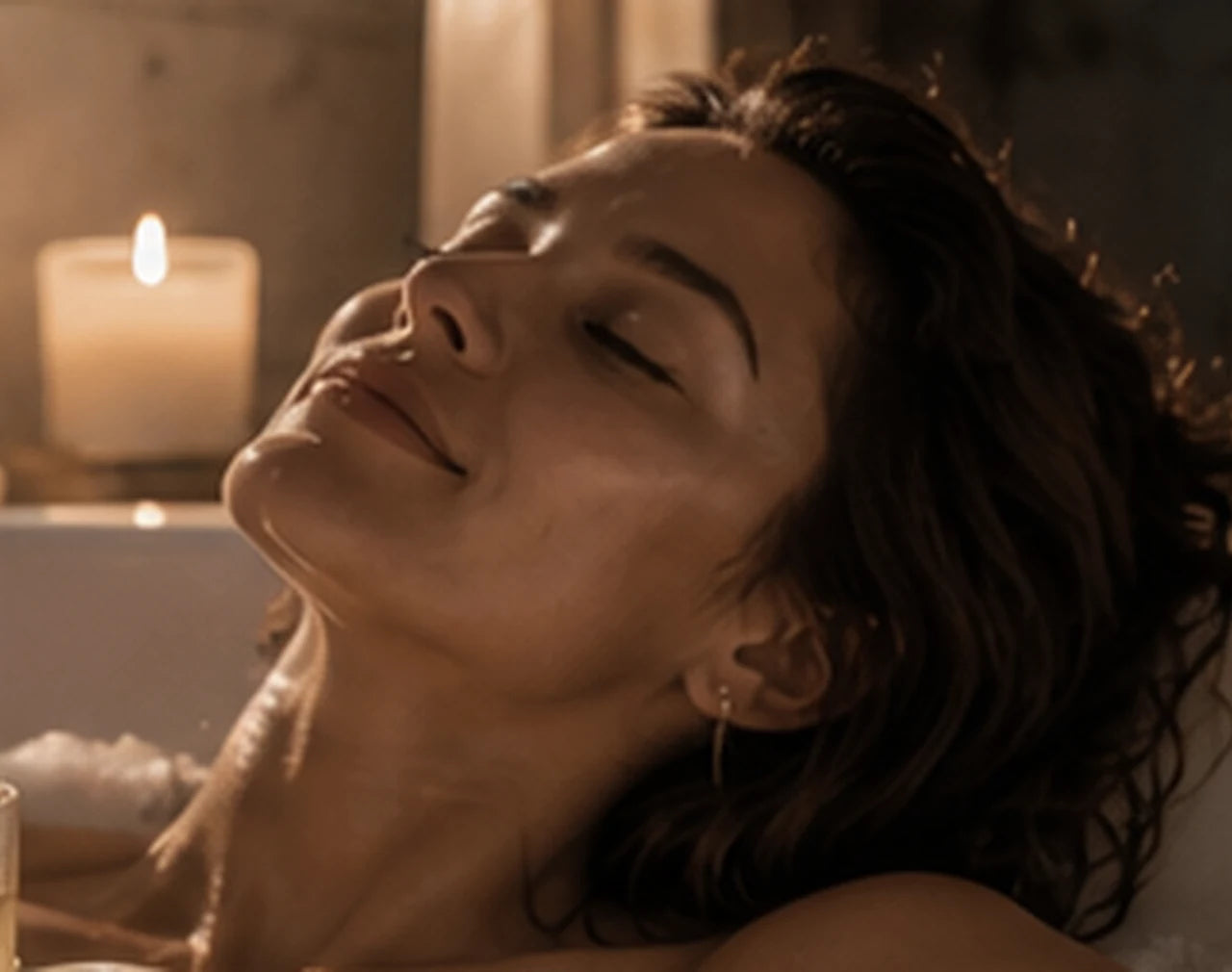 Woman unwinding in a warm, candlelit bath at home
