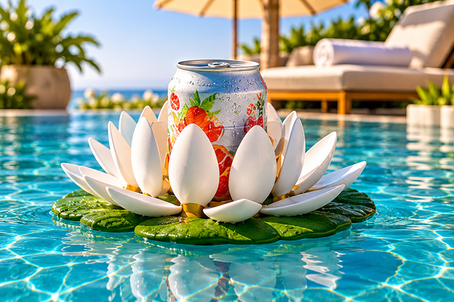 Can held upright by the white petals of a Hold My Drink floating drink holder in a resort pool