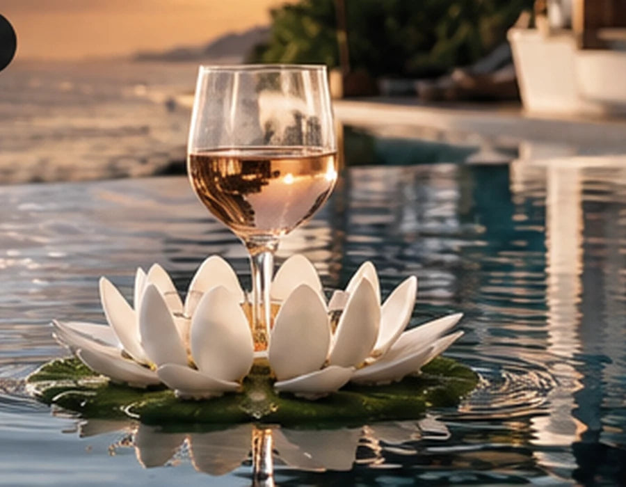 Close-up of a stemmed wine glass held upright by the petals of a floating drink holder at sunset