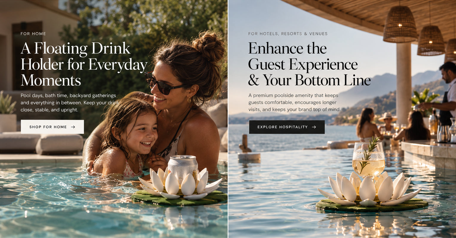 On the left, a mother and daughter in a home pool beside a floating drink holder with a can; on the right, a resort swim-up bar with a wine glass in a floating drink holder